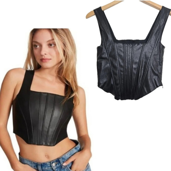 7 For All Mankind Faux Leather Black Square Neckline Cropped Vest Tank Top - Picture 1 of 7